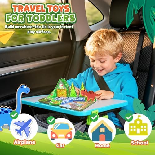 Travel Magnetic Tiles for Toddler Boys Kid, 36PC Mini Dinosaur Sets Airplane Restaurant Road Trip Activities Car Toys for Age 3 4 5 6 7 8 Year STEM Magnet Blocks Easter Basket Stuffers Gifts - Image 4