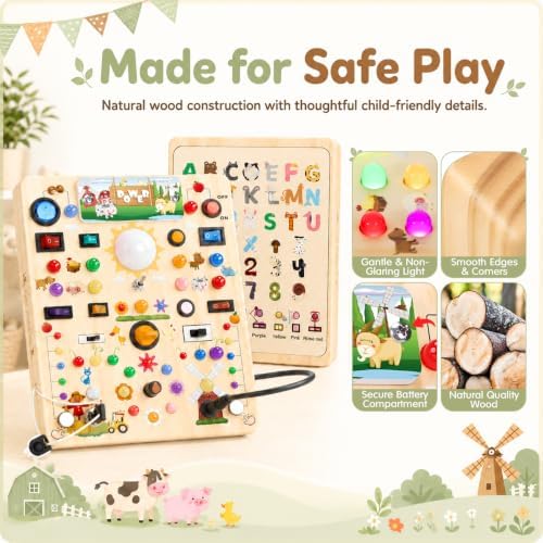 Busy Board with 19 LED Light Switches, Montessori Toys for 1 2 3 Years Old, Wooden Sensory Board, Toddlers Activity Travel Toys for 1 2 3 Year Old Boy & Girl Birthday Gift (Big Farm) - Image 4