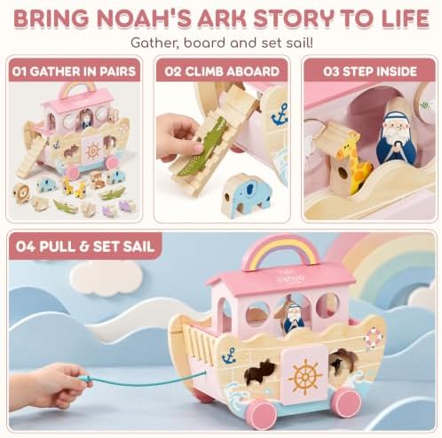 Lehoo Castle Pink Wooden Noah's Ark Toy for 1 Year Old Girl, Baptism Gift - Image 5