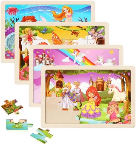Wooden Puzzles Toys for Kids Ages 3-5, Set of 4 Packs with 20-Piece Unicorn Mermaid Princess Wood Jigsaw Puzzles, Preschool Educational Brain Teaser Toys for Girls 3 4 5 6 Years Old. by NASHRIO