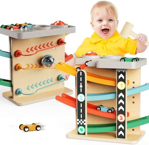 Wooden Car Ramp Race Track 2-in-1 Pound Ball Toddler Toy Ball Drop Baby Toy Set Gift for 1 2 3 Year Old Boys Girls Montessori Developmental Learning Activity Interactive Birthday Present by AmazingJoy
