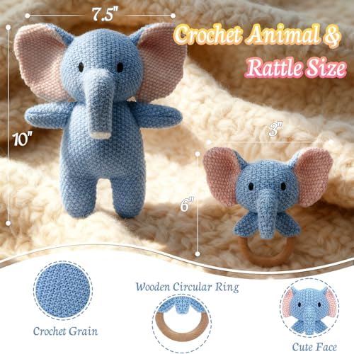 10" Crochet Elephant Stuffed Animal with Rattle, Pure Cotton Soft Crochet Doll Plush Toy for Newborn, Handmade First Birthday Gift - Image 2