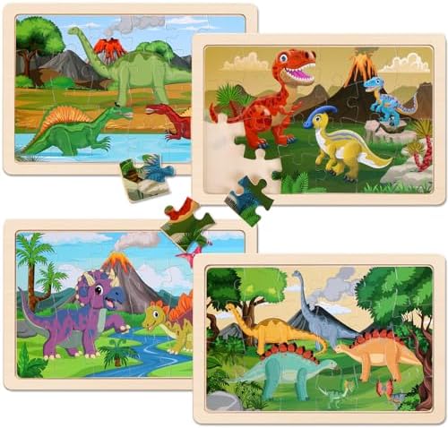 Wooden Puzzles Dinosaur Toys for Kids Ages 3-5, Set of 4 Packs with 20-Piece Wood Jigsaw Puzzles, Preschool Educational Brain Teaser Boards for Boys and Girls 3 4 5 6 Years Old - Image 3