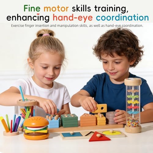 BESTAMTOY 5 in 1 Wooden Educational Learning Toy Set, Montessori Toys for 1 2 3 Year Old,Baby Rain Stick Sensory Fine Motor Skills Toys, Shape Sorter Stacking Puzzle Gifts for Toddlers Boys Girls - Image 2