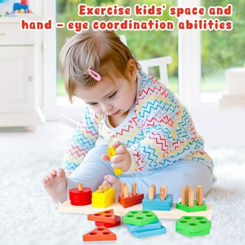 LovesTown Stacking and Sorting Learning Puzzles, Montessori Wooden Sensory Toys for Toddlers, 20 PCS (Pack of 2) - Image 3