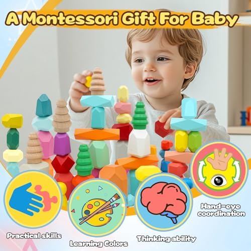 MEGRANATE 58PCS Montessori Wooden Stacking Rocks Toys Colorful Stacking Stones Building Blocks Games Sensory Toy for Kids Educational Learning Toys for 3+ Years Old Kids - Image 5