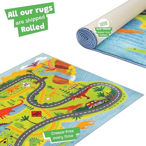 KC Cubs 5x7 Dinosaur Toy Car Dino Road Rug – Educational Play Mat Carpet for Kids, Toddlers, Nursery, Classroom, Playroom, Baby Daycare, Boys & Girls - Image 3