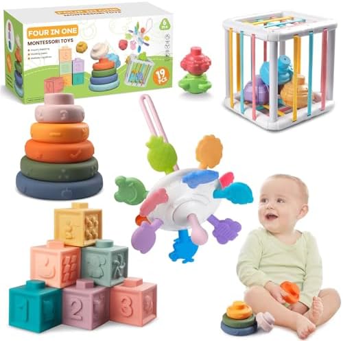 4-in-1 Montessori Baby Toy Set with Pull-String Teether Stacking Blocks by Wuzhineisn