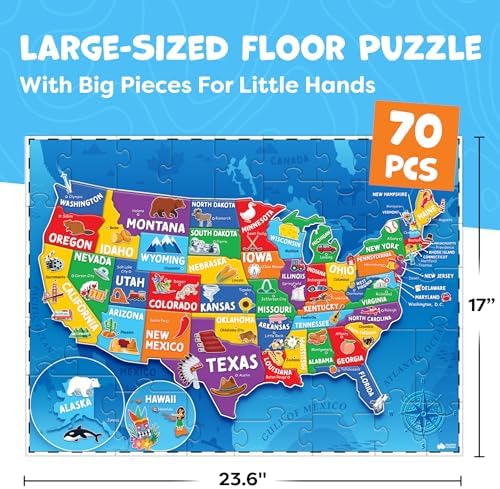 United States Puzzles for Kids Ages 4-6, 6-8 - Educational Toys for Boys & Girls - 70Pcs USA Map Kids Puzzles with 50 States & Capitals - Floor Jigsaw Kids Puzzle - Learning Activities Gifts - Image 4