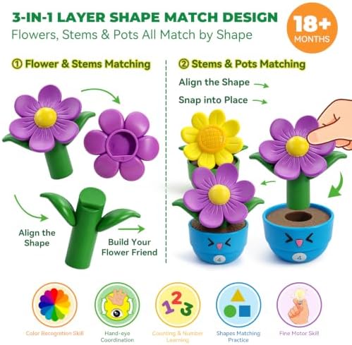 Montessori Flower Garden Building Toy for Girls & Boys, Toddler Gardening Set with 5 Shape & Number Flowers, Preschool Learning Matching & Stacking Game, Sensory Toys Gifts for 1 2 3 Year Old - Image 6