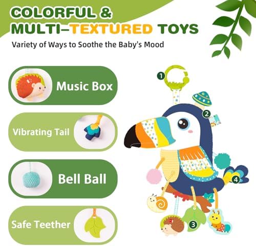 Jollybaby Musical Activity Pull String Hanging Toy for Baby Stroller Car Seat Crib Play Gym, Plush Stuffed Toucan Toy for Carseat with Music Teether Rattles, Sensory Toy for Baby Gift - Image 4