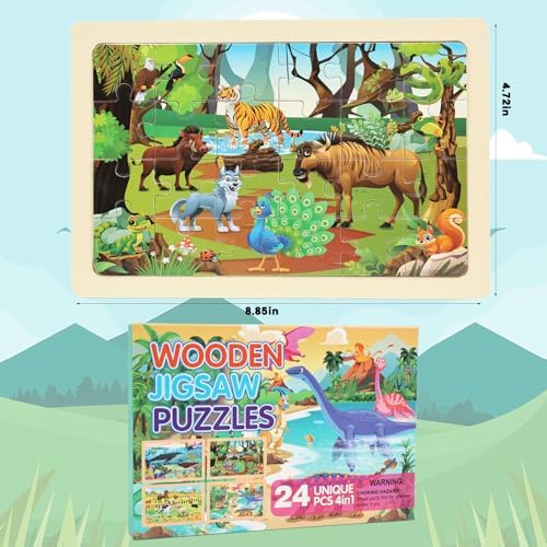 Wooden Puzzles for Kids Ages 4-6, 4 Packs 24 Pcs Wooden Jigsaw Puzzles for Toddlers Ages 3-5, Preschool Educational Puzzle Toys Gifts for 3 4 5 6 Boys Girls - Image 7
