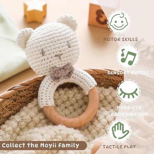 Moyii Handmade Crochet Baby Rattle Toy, 100% Organic Cotton Amigurumi Animal with Natural Beech Wood Teether Ring, Soft Sensory Newborn Toy, Montessori Nursery Gift for Boys & Girls - Image 6