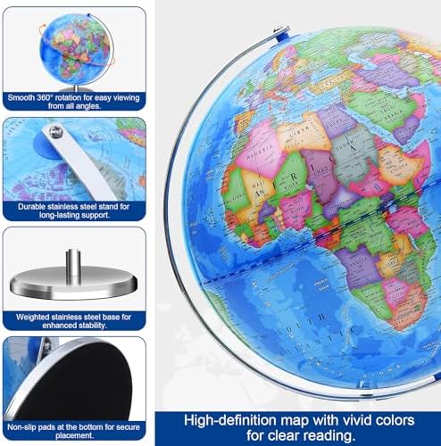 World Globe for Children and Adults, 12 inch Educational Spinning Earth Map with Stand, Self-Assembled Interactive World Globes for Kids Learning, Classroom, Students Desk, Room and Office Decor - Image 3