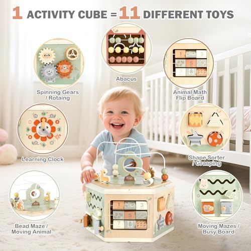 Wooden Activity Cube - 11-in-1 Montessori Toys for 1+ Year Old Boys & Girls - Image 2