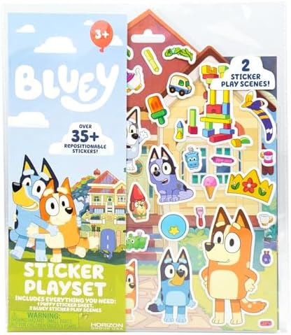 Horizon Group USA Bluey Sticker Playset, 2 Sticker Play Scenes, 35+ Reusable Puffy Bluey Repositionable Stickers for Kids, Perfect for Travel, Screen-Free Fun by HorizonGroupUSA