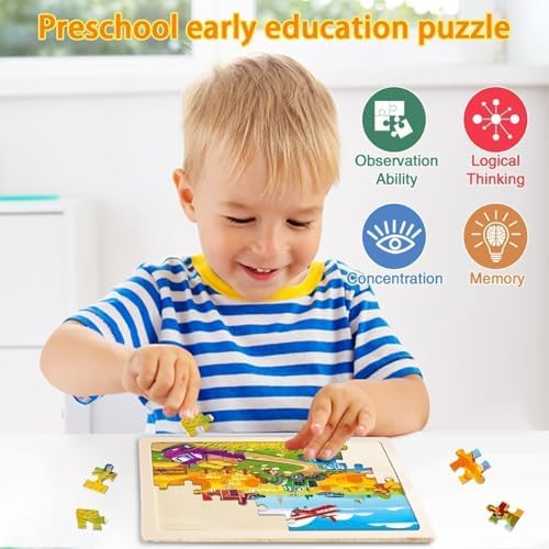 Wooden Puzzles for Toddlers 3-5,6 in 1 Jigsaw Wooden Solar System Puzzles for Ages 4-6,Preschool Educational Brain Toys Gifts for Boys and Girls 2 4 3 5 Year Old（Vehicle） - Image 2