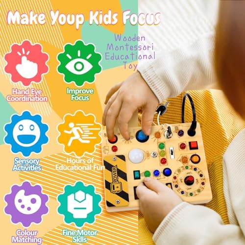 Busy Board with LED Light Switches, Montessori Toys for 1 2 3 Years Old, Toddlers Wooden Toy Sensory Activity Board, Travel Toys for 1+ Year Old Boy & Girl Birthday Gift - Image 5