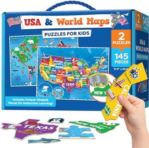 Puzzles for Kids Ages 4-6-8-145pcs World Map & United States Puzzle - Educational Toys for 4+ Year Old - Kids Puzzles Ages 5-8 - Puzzle Games for Kids Ages 5-8 - Gifts for 4 Year Old Girl, Boys by MomoNashi