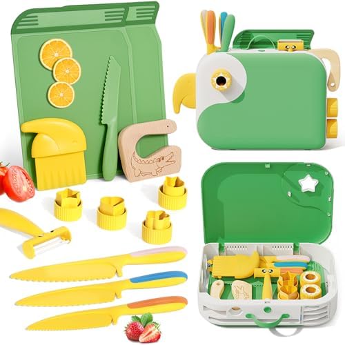 Montessori Kitchen Tools for Toddlers,Kids Knife for Real Cooking,Toddlers Knife Set with Storage Box Kids Safe Knives Children Cutting Set for Girl Boy,Montessori Toys for Kitchen Set -Green by Lullulii