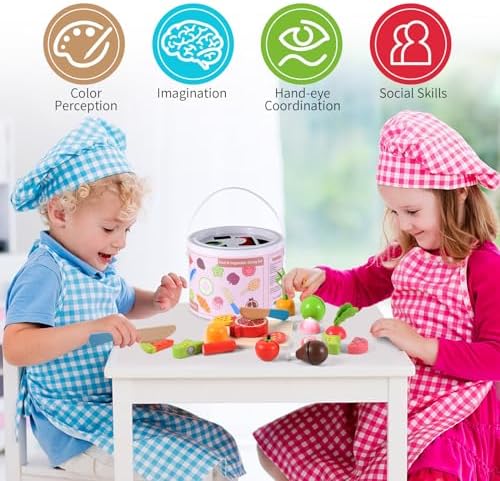 WHOHOLL 45 Pcs Wooden Play Food Cutting Toys for Kids Kitchen, Pretend Fruit and Vegetable Set with Storage Bucket, Play Kitchen Accessories Birthday Gift for Boys Girls Ages 3 4 5 6 - Image 2