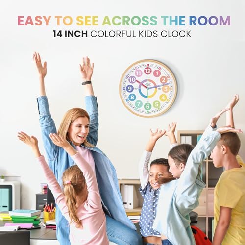 Oyster&Pop Large Pastel Kids Wall Clock - Silent 14" Analog Learning Clock - Image 5