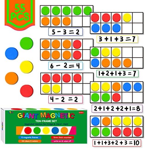 Magnetic Ten-Frame Set, Including 5 Frames (no Hollowed Out) and 55 Colorful Discs (Upgraded Version for Fridge & Hand-held) by SpriteGru