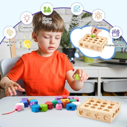 3 in 1 Montessori Wooden Toys, Lacing Beads & Stacking Blocks & Shape Sorter Sequencing Toy Set, STEM Preschool Educational Learning Fine Motor Skills Toys for Toddlers 3 4 5 Years Gifts - Image 4