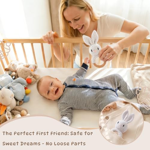 Moyii Natural Wooden Baby Rattle - Organic Crochet Bunny Teether Ring - Montessori Sensory Grasping Toy for Infants 0-12 Months, BPA-Free Handmade Newborn Shower Gift - Image 5