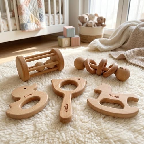 Personalized 5 Pieces Wooden Baby Toys for Babies 0-6-12 Months Rattle, Teethers Customized Wood Teething Toys Gifts for Baby, Teething Toys Baby Rattles 0-6 Months Montessori Toys for Babies - Image 4