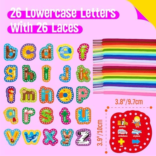 SpriteGru 26PCS Alphabet Lacing Cards, Lowercase Letters Sewing Kit with 26 Double-Sided Cards and 26 Colorful Laces Alphabet Learning Toy Motor Skills Art Crafts for Toddlers, Kids, Students - Image 2