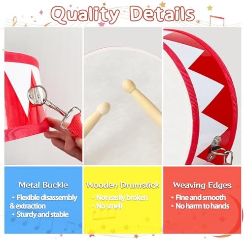 Kids Drum Set,8 in Wooden Toy Drum Set,Educational Baby Musical Toys Drum with Adjustable Strap 2 Drumsticks,Sensory Musical Instrument Drum Toy for Toddler Boys & Girls Gift(Red) - Image 3