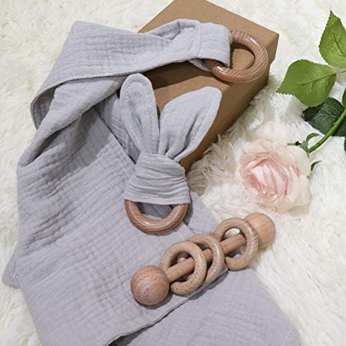 Baby Lovey, Wood Rattle, Teether Ring, 3 Pack Montessori Gift, Gray, Cotton, Double Gauze, Baby Shower, Gender Neutral Gift - Image 2