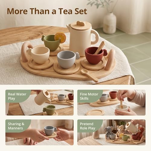 Youuys Wooden Tea Party Set for Toddler 3-5,Kids Tea Sets for Little Girls 4-6, 14pcs Silicone Kitchen Accessories, Pretend Play Montessori Toys with Tray for 3 4 5 6 Year Old Birthday - Image 4
