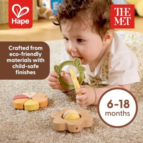 Hape x The Met Artful Flowers Rattle Trio Set – 3-Piece Baby Sensory Toy Set with Teether, Wood & Elastic Flower Rattles, Ages 6–18M - Image 3