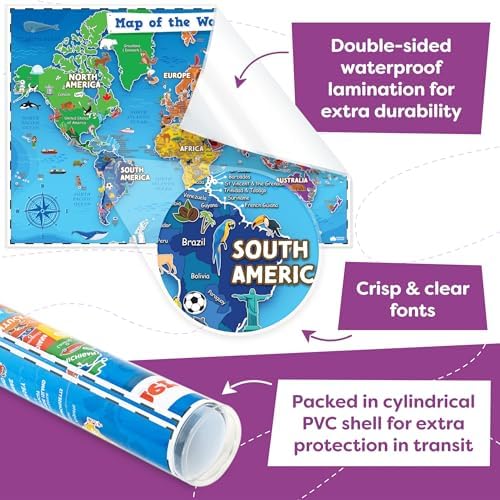 United States and World Map For Kids Classroom Posters 2pc Set - 24” x 16” Waterproof US and World Map for Classroom Decor Posters - Teacher Classroom Must Haves - Homeschool Back to School Supplies - Image 2