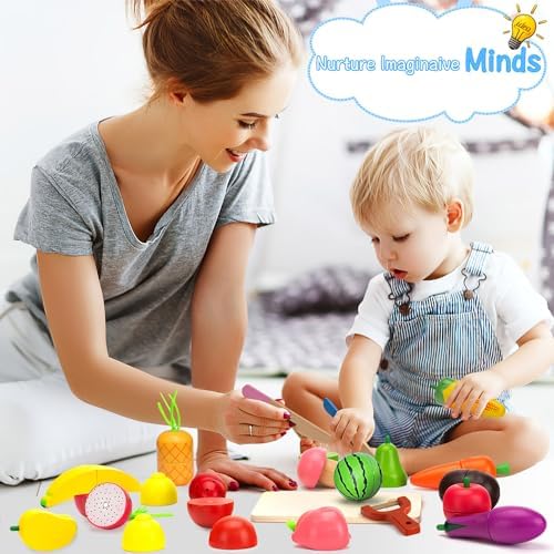 Wooden Play Food for Toddlers, Fruits & Veggies Toy for Kids Play Kitchen - Image 3