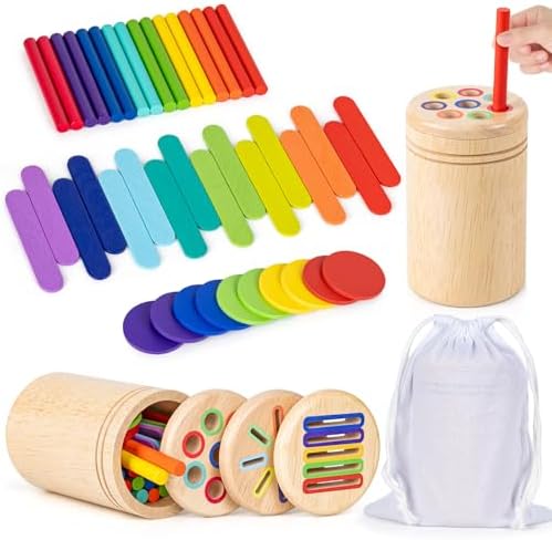 Montessori Toys for 3 4 5 Year Old, 3 in 1 Wooden Color Sorting Toys, Preschool Learning Activities Fine Motor Skills Sensory Toys for Toddlers by LILUONGS