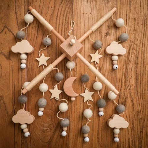 Wooden Bed Bell Crib Mobile with Music Box – Soft Felt Cartoon Bear Hanging Rattle Toy for Nursery Decor, Handcrafted Montessori-Inspired Crib Mobile (Grey) - Image 2