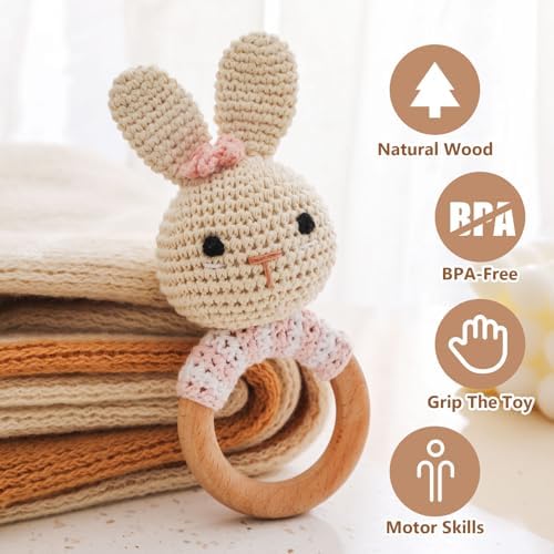 Chriswell Wooden Baby Rattle，Crochet Bunny Rattle with Wood Ring, Newborn Wooden Animal Rattle Toy，Infant Bunny Wood Rattle Toys，Bunny-2 - Image 3