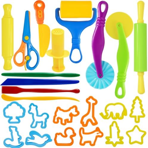 LCY WEDSHI Dough Tool Set, 24 Pcs Dough Tools Sets for Kids Ages 4-8, Dough Accessories Includes Animal Molds, Cutters Roller, Rolling Pins, Safety Scissors, Plastic Knife by LCYWEDSHI