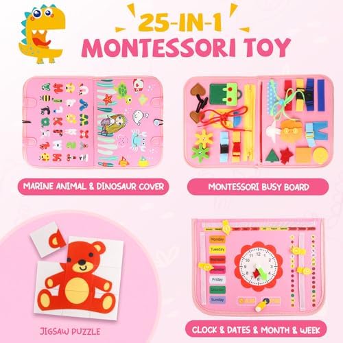 Children Busy Board, Montessori Sensory Toys for Boys, 3-8 Year Old Girl Kids Travel Toys, Educational Learning Activities Board for Motor Skills, Birthday Gifts for Airplane Car, Pink - Image 3
