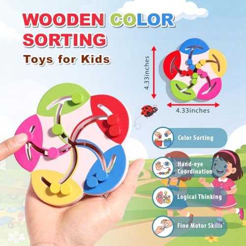 Wooden Montessori Toys for 2 3 4 5 Year Old | Color Sorting Bead Maze Board, Fine Motor Skills Preschool Learning Activities, Travel Game for Toddlers - Image 3