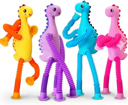 4Pcs Dinosaur Airplane Travel Car Ride Toys for Toddlers Kids Boys Girls Sensory Suction Cup Tube ADHD Autism Road Trip Car Activities Essential Stocking Easter Basket Stuffer Valentines Gift by CHESLICR