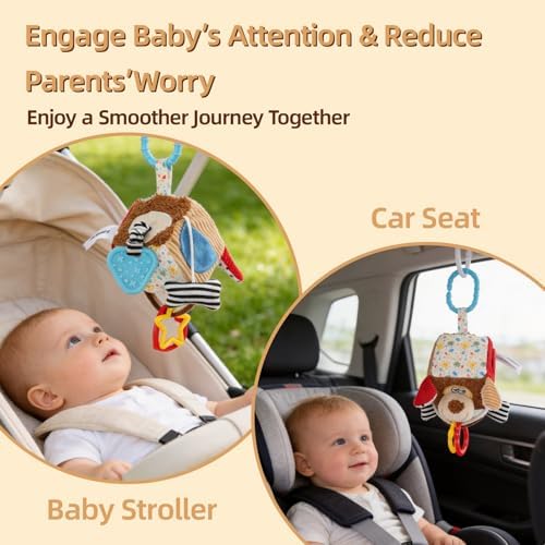 Baby Car Seat Toys Hanging-Carseat Dog Cube Toy, Infant Sensory Toys for 6 7 8 9 10 11 12 Months, Travel Activity with Rattle, Montessori Plush Newborn Girl Boy Gifts - Image 2