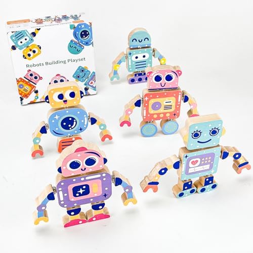 Wooden Robot Building Toys for Kids, Snap-Together STEM Blocks Playset, Take Apart Educational Toy for Toddlers Ages 3-8, Montessori Fine Motor Skills Toy Gift for Boys Girls by SZXDG