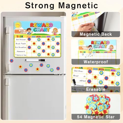 Magnetic Reward Chart, Dry Erase Weekly Behavior Chore Chart with 54 Magnets Star Stickers 1 Markers, Reusable Fridge Responsibility Incentive Daily Routine Task Tracker for Potty Training Home School - Image 2