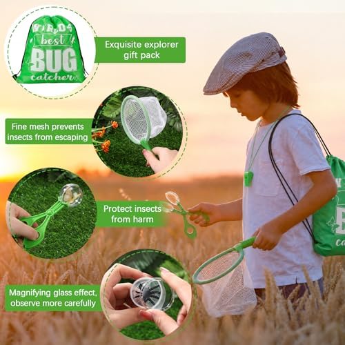 Silipull Bug Catching Kit for Kid Outdoor Explorer Kit Include Catching Scissor Tong Tweezer Clamp Bug Cage Whistle Insect Net Drawstring Bag for Boy Girl Educational Adventure Hunting(Green,48 Pcs) - Image 3