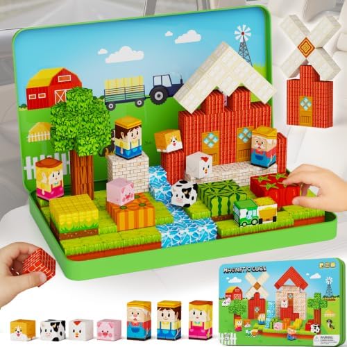 Magnetic Cubes Farm Travel for Kids: Hold 15 Blocks, 60s Storage by hunloot