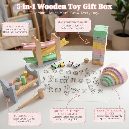 Magnetic Color & Number Maze + Wooden Toy Gift Box for Toddlers 1-5, Montessori Learning Set with Stacking Blocks, Track Racer, Silicone Mat, Rainbow Stacker & Pounding Toy - Image 7